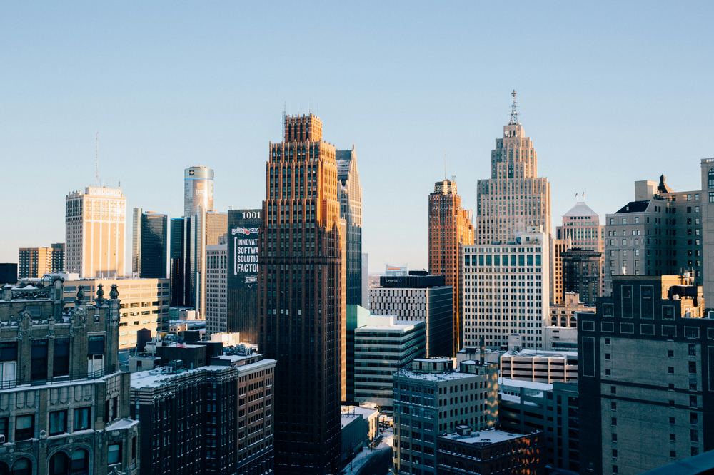 The Detroit, Michigan downtown skyline at sunrise