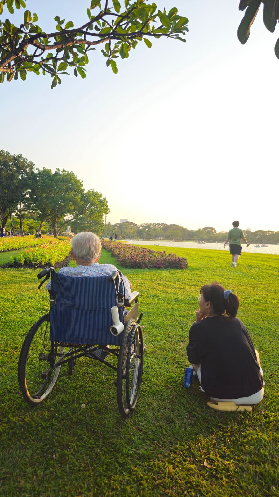 A caregiver sitting on the grass beside an older woman in a wheelchair, enjoying a park outing together